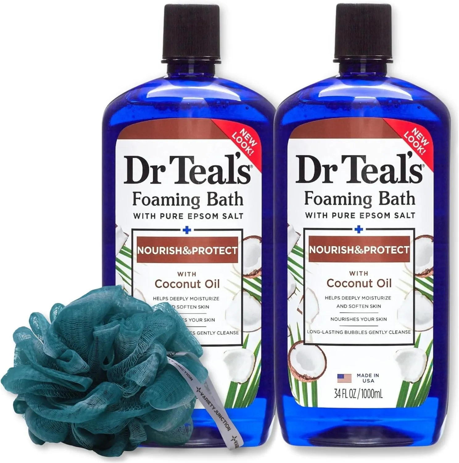 Coconut Oil Foaming Bath 34oz (2 Bottles) with Variety Junction Premium Sponge - Ultra-Moisturizing, Relaxing & Nourishing, Bubble Bath, Soaking Bath