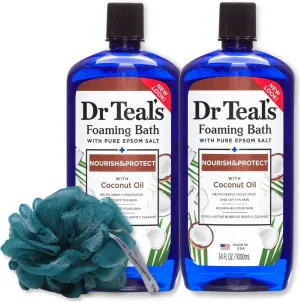 Coconut Oil Foaming Bath 34oz (2 Bottles) with Variety Junction Premium Sponge - Ultra-Moisturizing, Relaxing & Nourishing, Bubble Bath, Soaking Bath