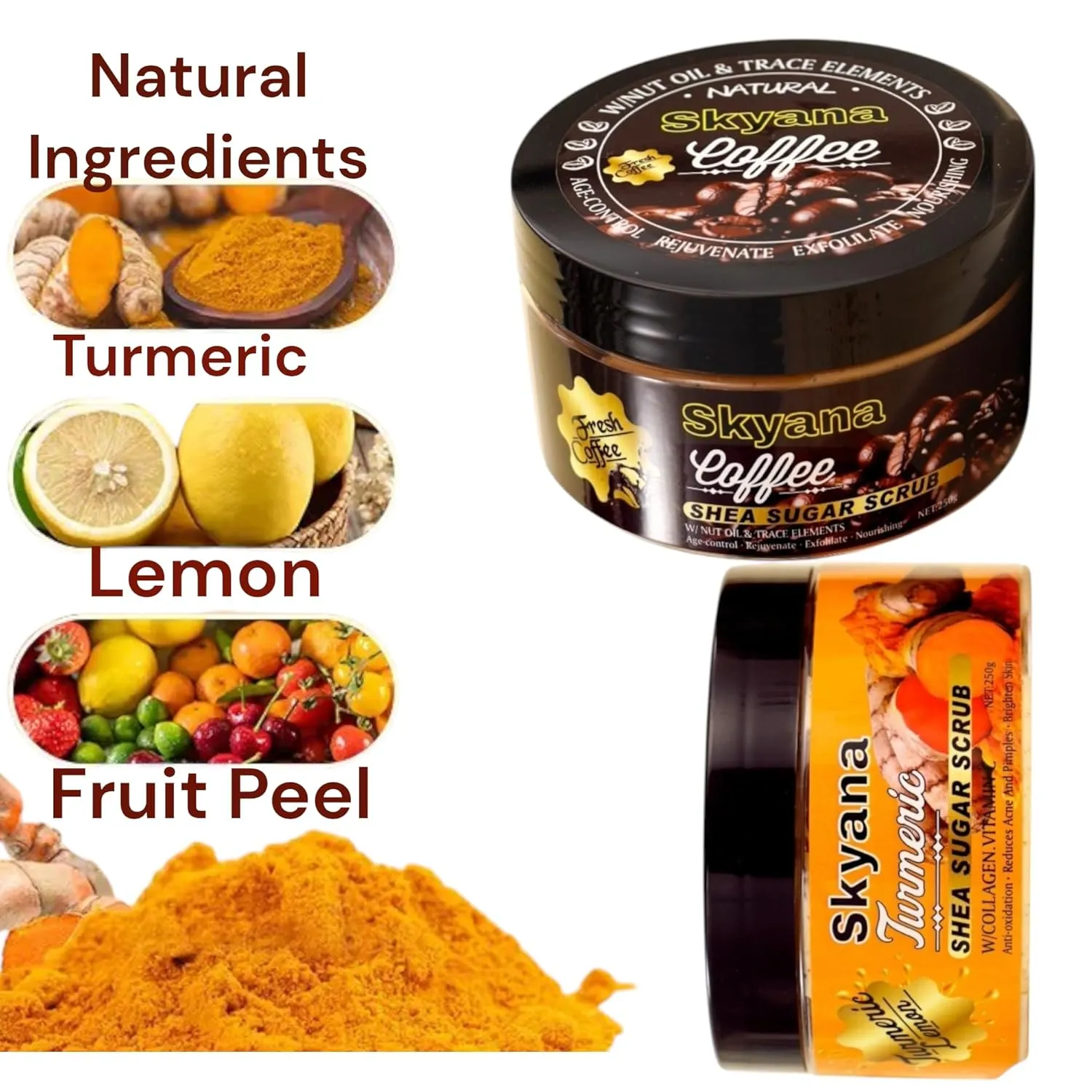 Coffee & Brazilian Nuts Shea Sugar Scrub, Face and Body Exfoliator with Walnut Oil, 250g,8.8 OZ,Collagen,age control,acne control,anti-oxidation remeval pimples.Organic.