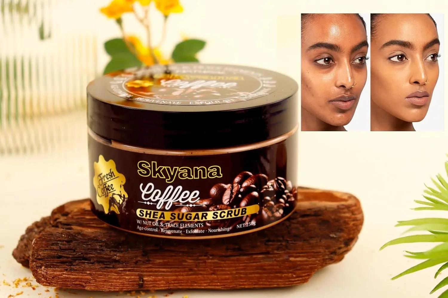 Coffee & Brazilian Nuts Shea Sugar Scrub, Face and Body Exfoliator with Walnut Oil, 250g,8.8 OZ,Collagen,age control,acne control,anti-oxidation remeval pimples.Organic.