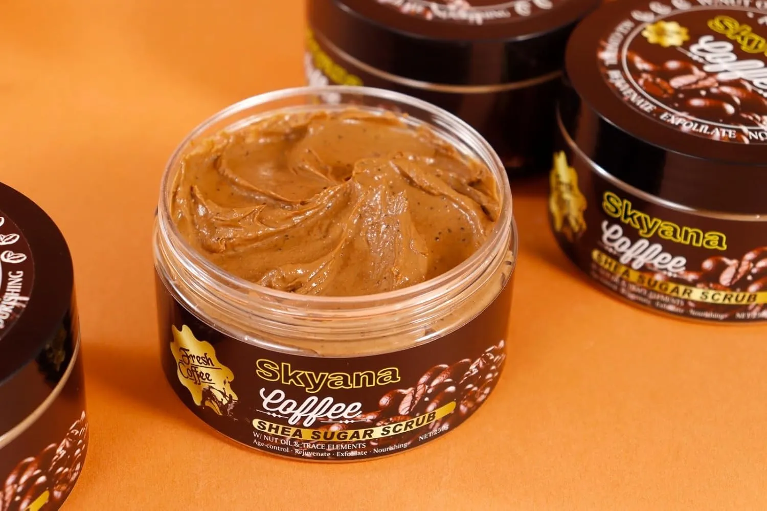 Coffee & Brazilian Nuts Shea Sugar Scrub, Face and Body Exfoliator with Walnut Oil, 250g,8.8 OZ,Collagen,age control,acne control,anti-oxidation remeval pimples.Organic.