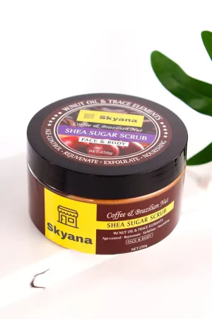 Coffee & Brazilian Nuts Shea Sugar Scrub, Face and Body Exfoliator with Walnut Oil, 250g,8.8 OZ,Collagen,age control,acne control,anti-oxidation remeval pimples.Organic.