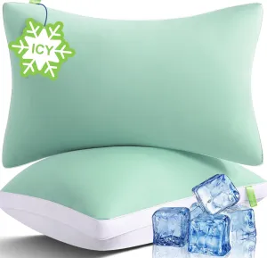 Cooling Bed Pillows King Size Set of 2, Cool for Hot Sleepers, Soft Gusseted Hotel Down Alternative Pillow 2 Pack for Side Back Stomach Sleeper, Supportive, Pain Relief, ICY Green, 20" x 34"