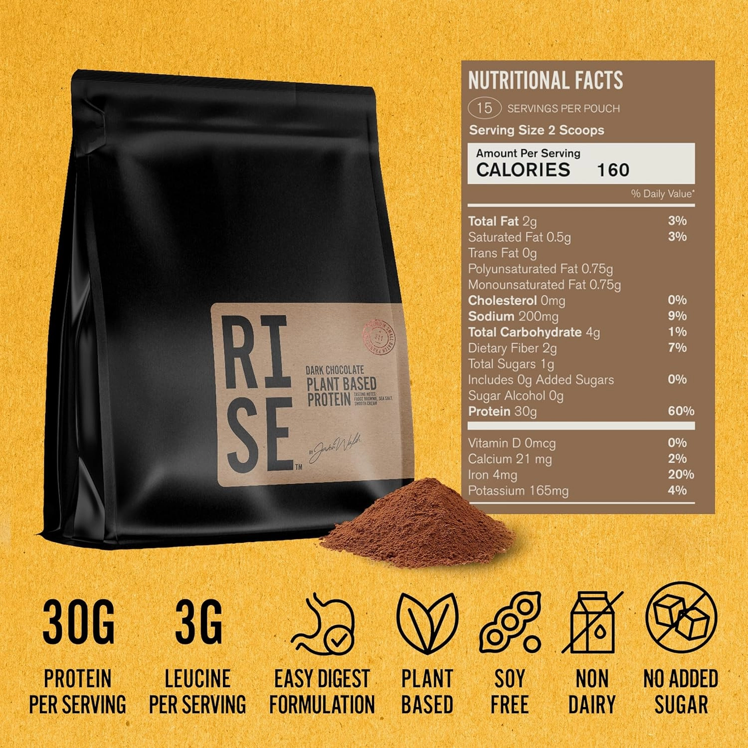 Dark Chocolate Plant-Based Protein Powder for Women & Men, Easy to Digest 30g of Smooth & Creamy Dark Chocolate Protein Powder Supports Overall Well-Being, Small Batch, 15 Servings