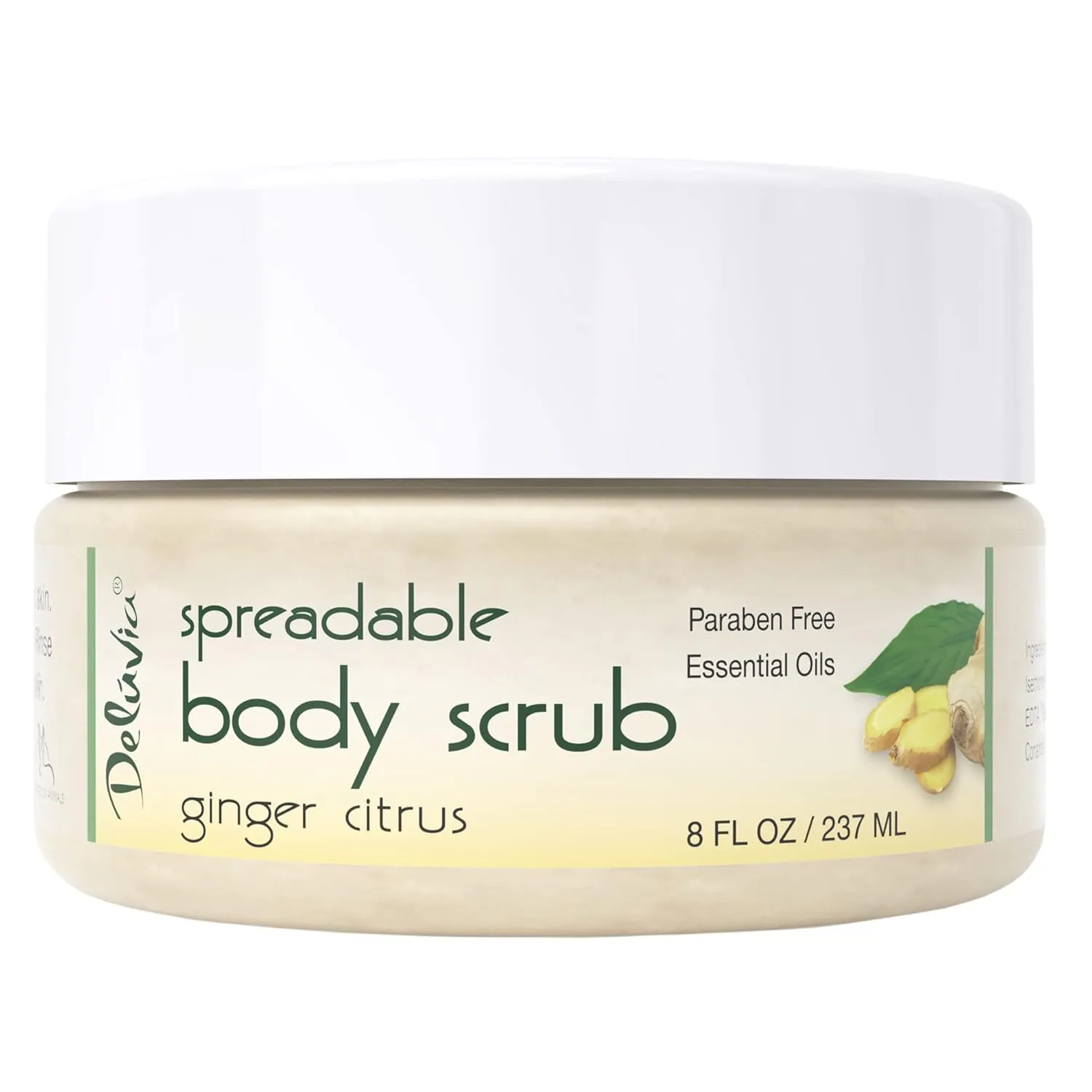 Deluvia Dead Sea Salt Scrub, Moisturizing Gentle Exfoliating Scrub, Creamy Body Wash, Shower Scrub with Sweet Almond Oil, Dead Sea Salts and Essential Oils.