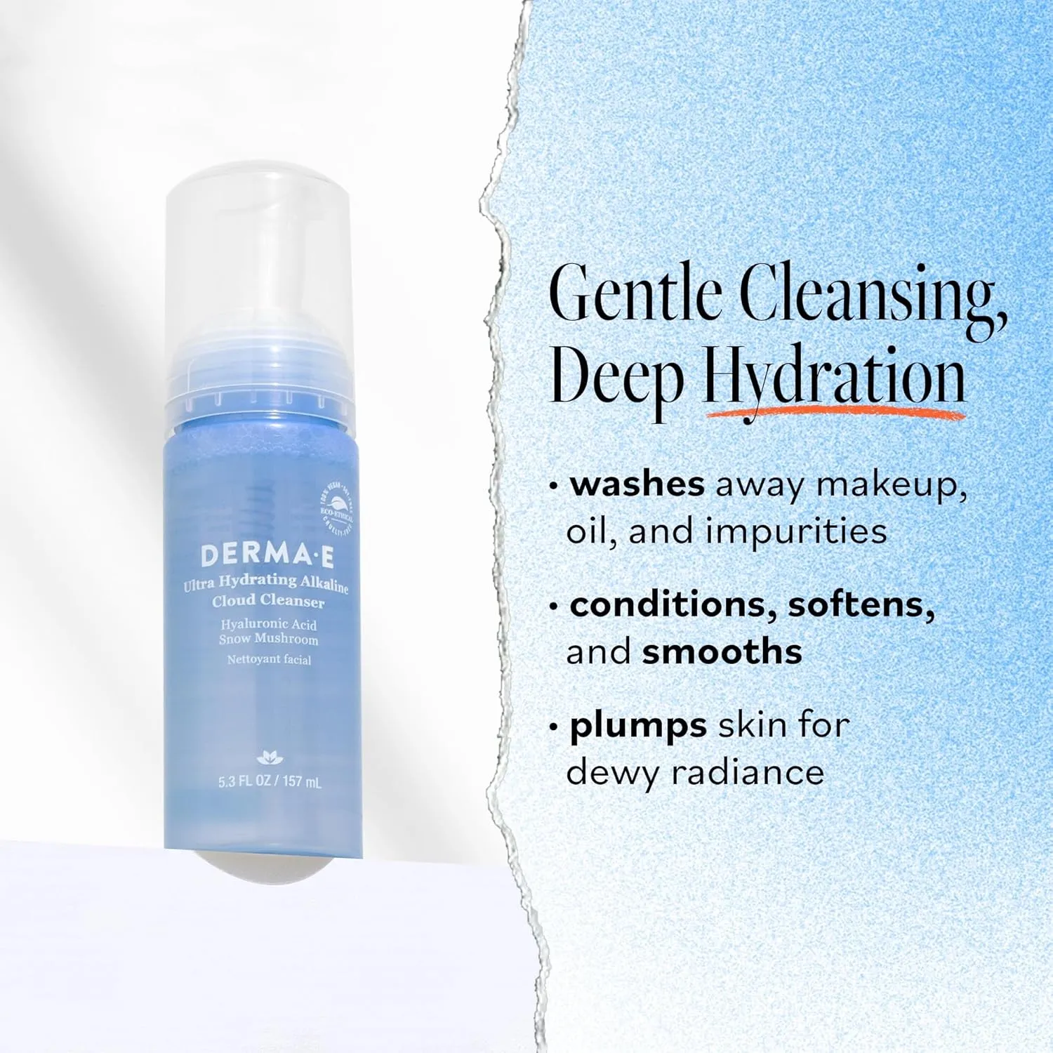 Derma E Ultra Hydrating Alkaline Cloud Cleanser – Gentle Foaming Face Wash with Hyaluronic Acid – Vegan Daily Facial Cleansing, 5.3 Oz