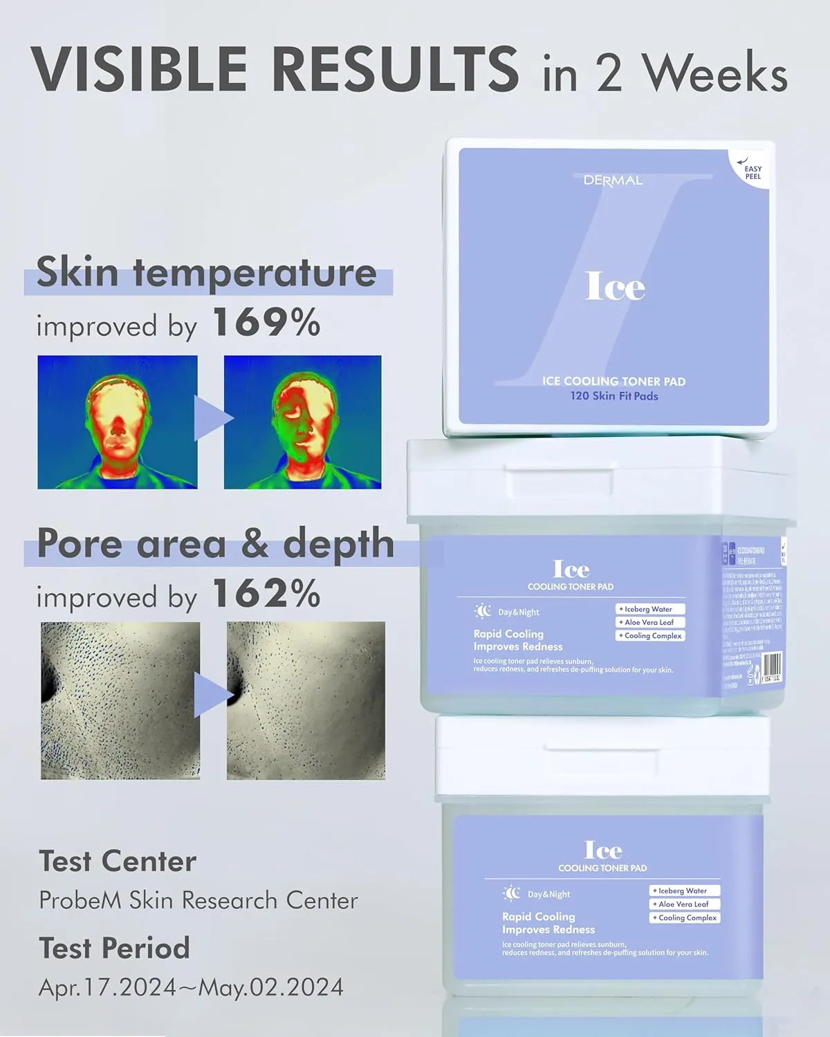 DERMAL Ice Cooling Toner Pad - Korean Soothing & Hydrating Toner Pads with Aloe Vera - After Suncare, Sunburn Relief, Redness Relief - Vegan Square Pads - High Capacity, 120 Pads