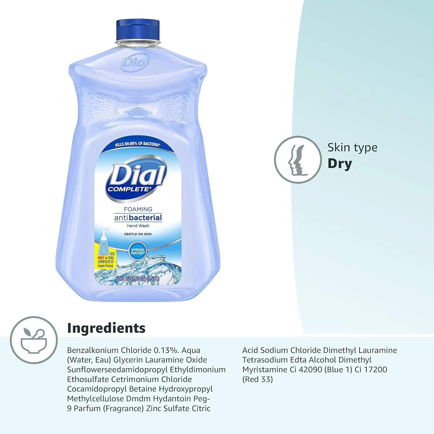 Dial Antibacterial Foaming Hand Soap Refill, Spring Water, 52 fl oz (Pack of 2)