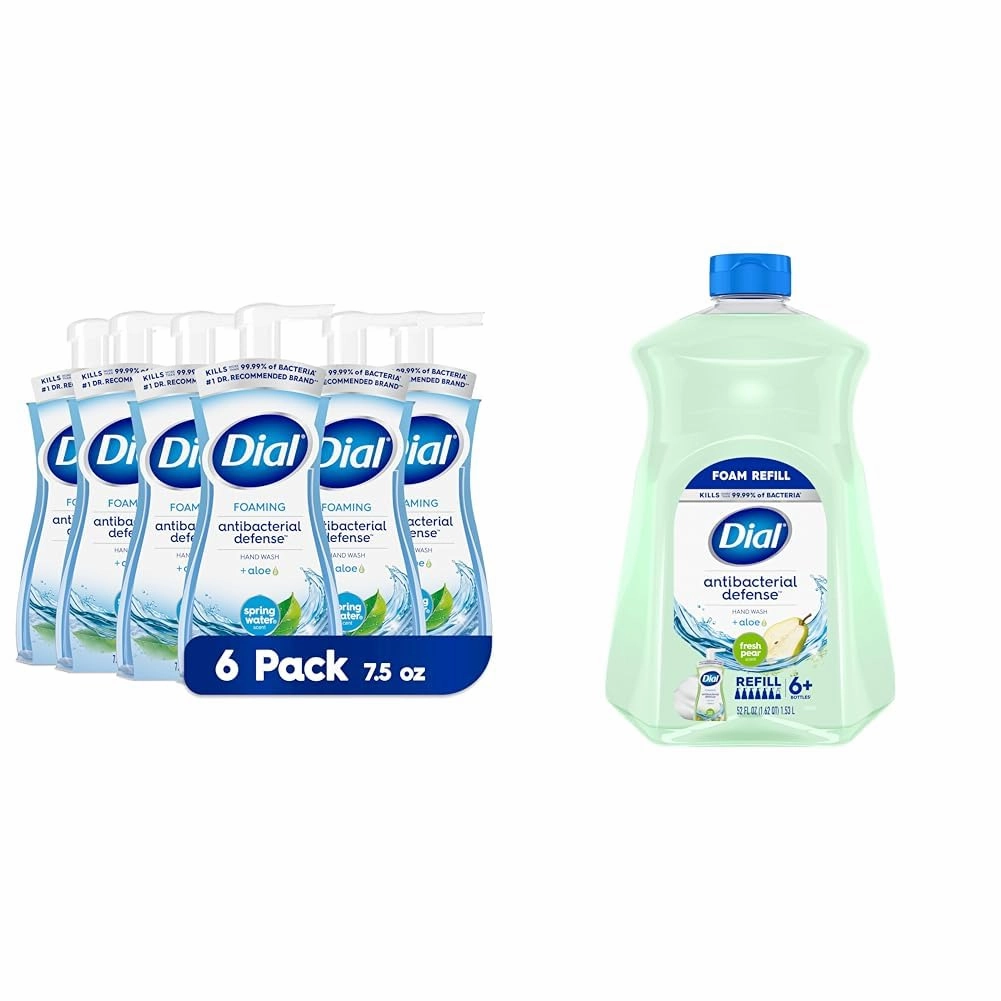 Dial Antibacterial Foaming Hand Wash Spring Water Pack of 6 and Fresh Pear Foaming Hand Soap Refill 52 oz