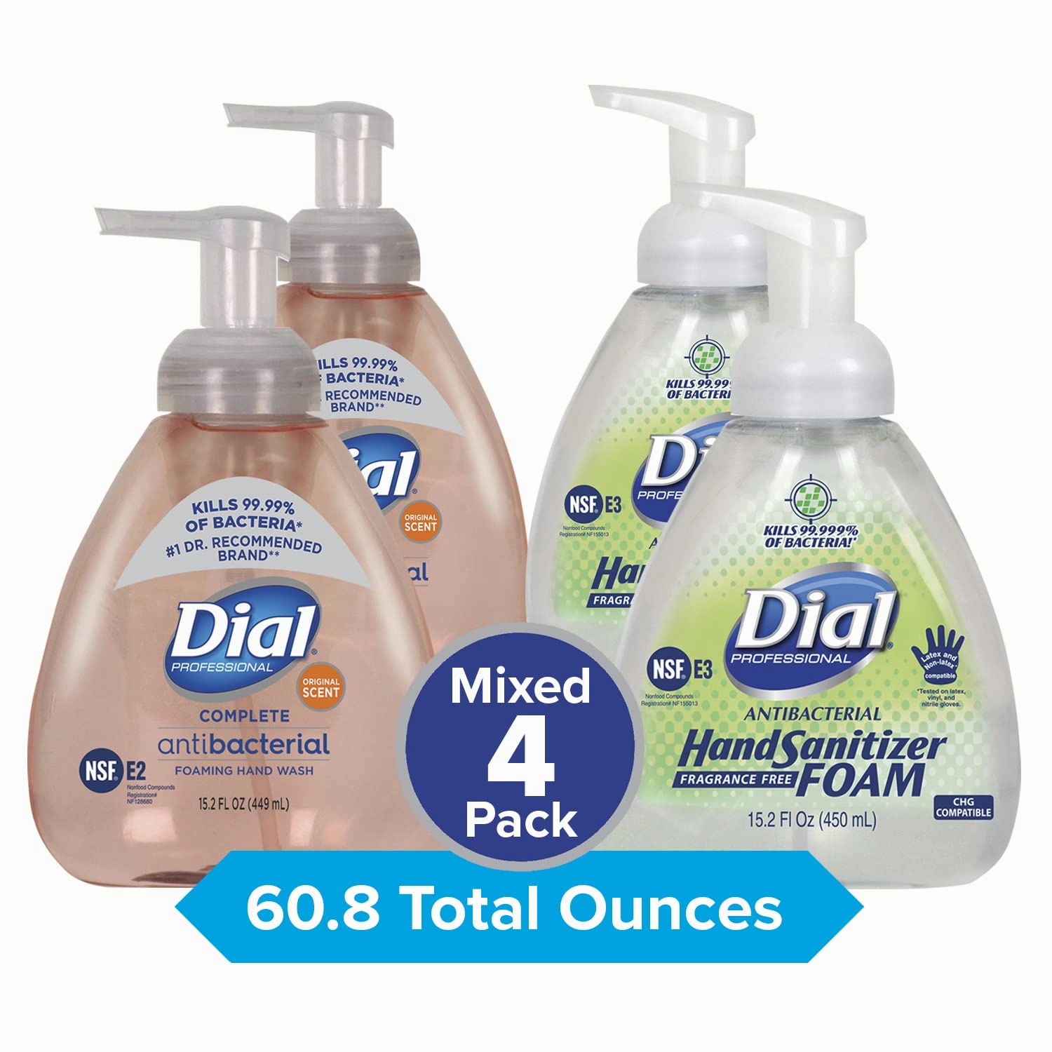 Dial Complete Original Antibacterial Foaming Hand Wash and Dial Professional Antibacterial Foaming Hand Sanitizer Pump, 15.2 FL OZ (Mixed 4-Pack)