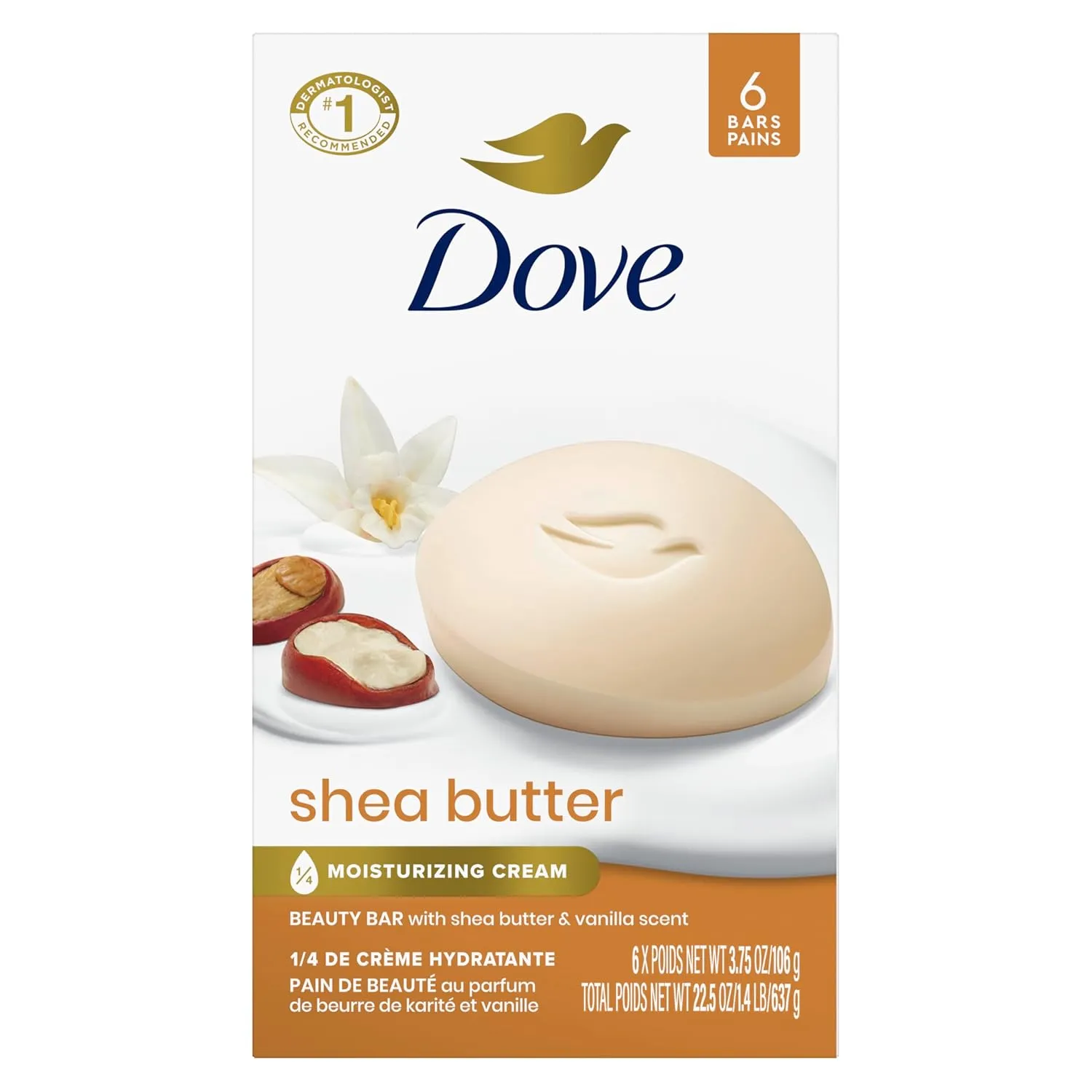 Dove Beauty Bar Soap Shea Butter, 6 Bars for Nourished, Radiant Skin, Enriches Skin 3.75 oz
