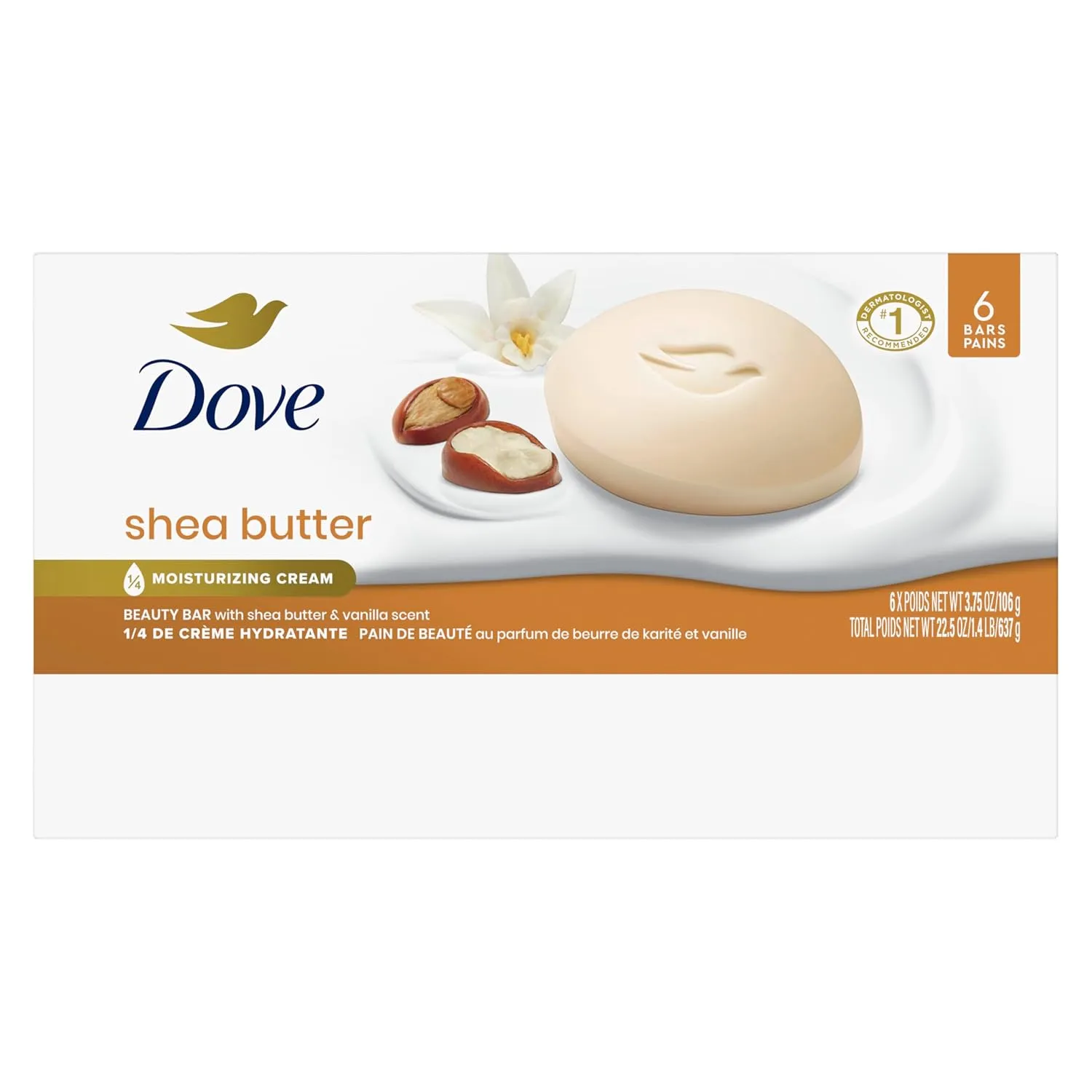 Dove Beauty Bar Soap Shea Butter, 6 Bars for Nourished, Radiant Skin, Enriches Skin 3.75 oz