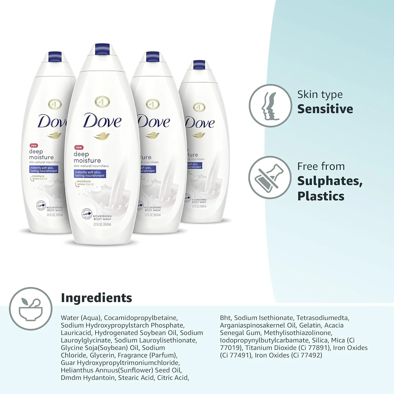Dove Deep Moisture Body Wash For Dry Skin Moisturizing Body Wash Transforms Even The Driest Skin In One Shower, 22 Fl Oz (Pack of 4)