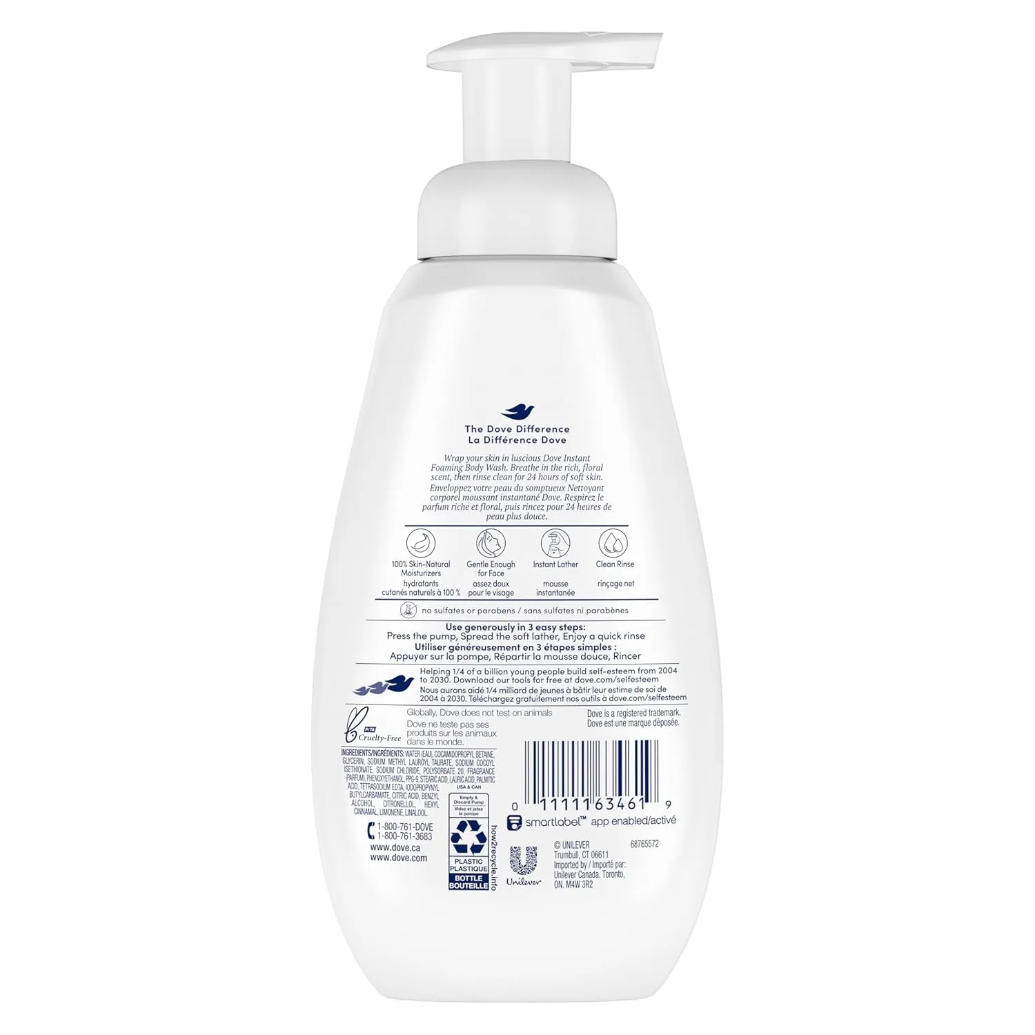 Dove Instant Foaming Body Wash 4 Count for Soft, Smooth Skin Deep Moisture Cleanser That Effectively Washes Away Bacteria While Nourishing Your Skin, White, 13.5 Oz