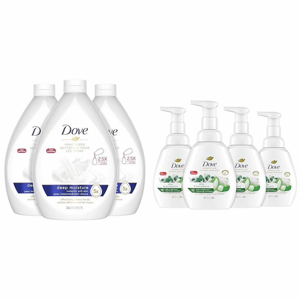 Dove Advanced Care Hand Wash Deep Moisture Pack of 3 for Soft, Smooth Skin & Foaming Hand Wash Aloe & Eucalyptus Pack of 4 Protects Skin from Dryness, More Moisturizers