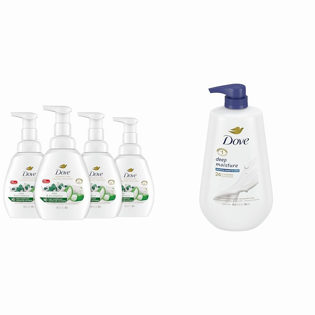 Dove Foaming Hand Wash Aloe & Eucalyptus Pack of 4 Protects Skin from Dryness & Body Wash with Pump Deep Moisture For Dry Skin Moisturizing Skin Cleanser 30.6 oz