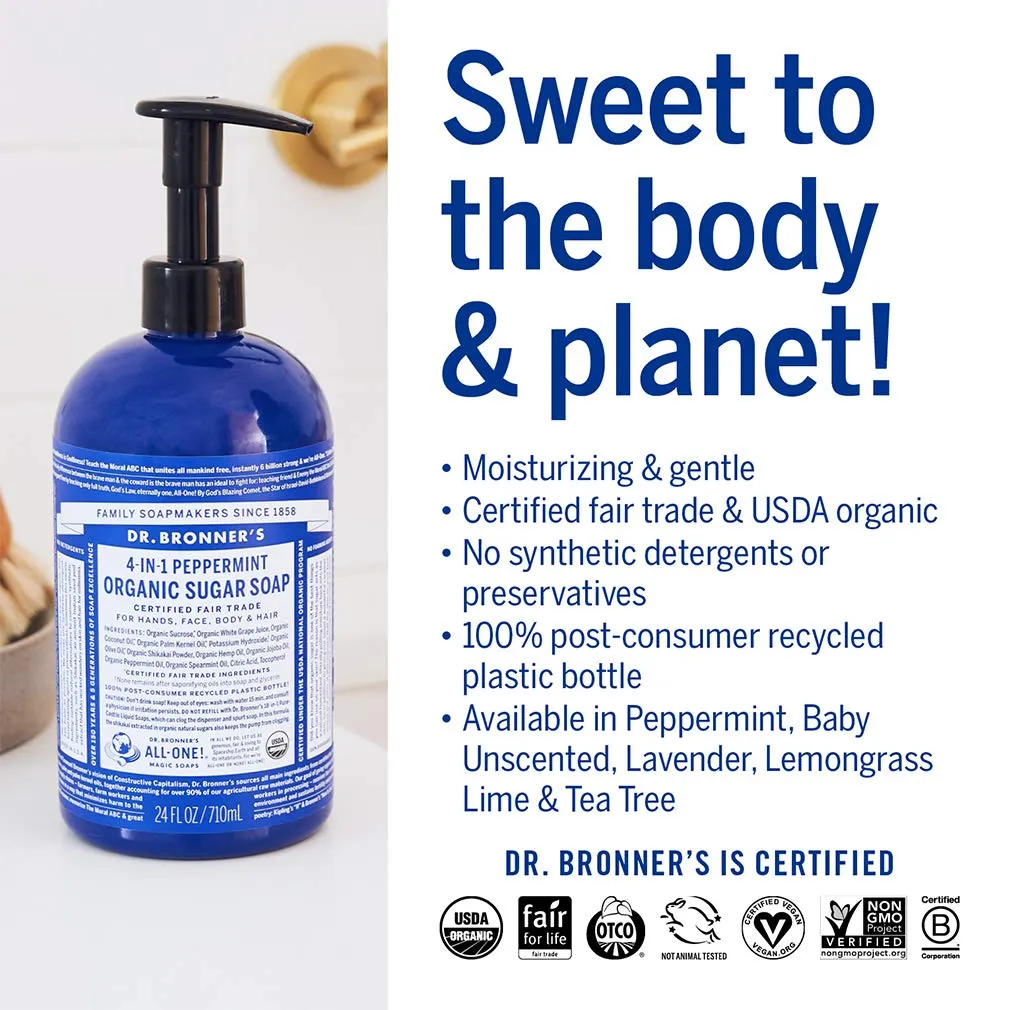 Dr. Bronner's Organic Sugar Soap (Peppermint, 64 Ounce)- Made with Organic Oils, Sugar & Shikakai Powder, 4-in-1 Uses: Hand and Body Wash, Face, Hair- Cleanses, Moisturizes, Nourishes, Vegan
