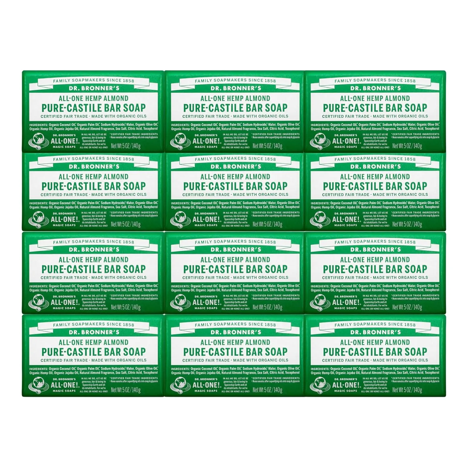 Dr. Bronner's - Pure-Castile Bar Soap (Almond, 5 ounce, 12-Pack) - Made with Organic Oils, For Face, Body and Hair, Gentle and Moisturizing, Biodegradable, Vegan, Cruelty-free, Non-GMO
