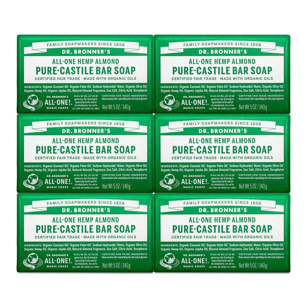 Dr. Bronner's - Pure-Castile Bar Soap (Almond, 5 oz, 6-Pack) - Made with Organic Oils, For Face, Body & Hair, Gentle & Moisturizing, Biodegradable, Vegan, Cruelty-free, Non-GMO