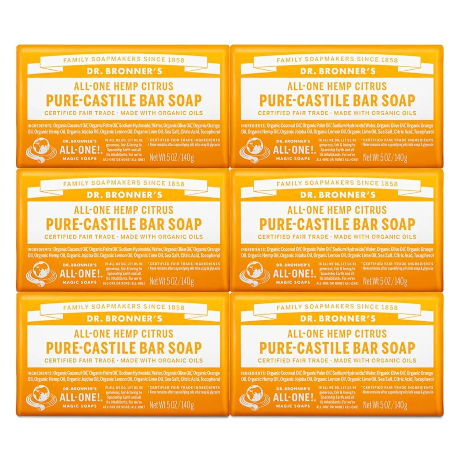 Dr. Bronner's - Pure-Castile Bar Soap (Citrus, 5 ounce, 6-Pack) - Made with Organic Oils, For Face, Body and Hair, Gentle and Moisturizing, Biodegradable, Vegan, Cruelty-free, Non-GMO