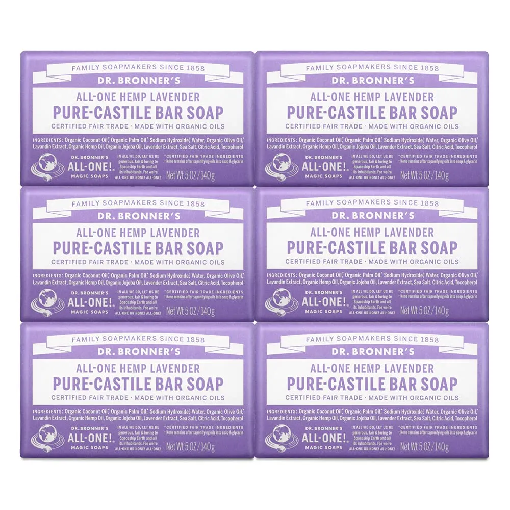 Dr. Bronner's - Pure-Castile Bar Soap (Lavender, 5 ounce, 6-Pack) - Made with Organic Oils, For Face, Body and Hair, Gentle and Moisturizing, Biodegradable, Vegan, Cruelty-free, Non-GMO
