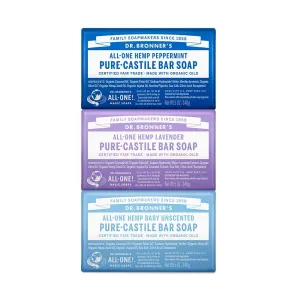 Dr. Bronner's Pure-Castile Bar Soap- Made with Regenerative Organic Oils- For Face, Body, Hair & More- Vegan, All Natural Soap Bar for Men & Women- Variety 3-Pack, Peppermint Lavender, Unscented