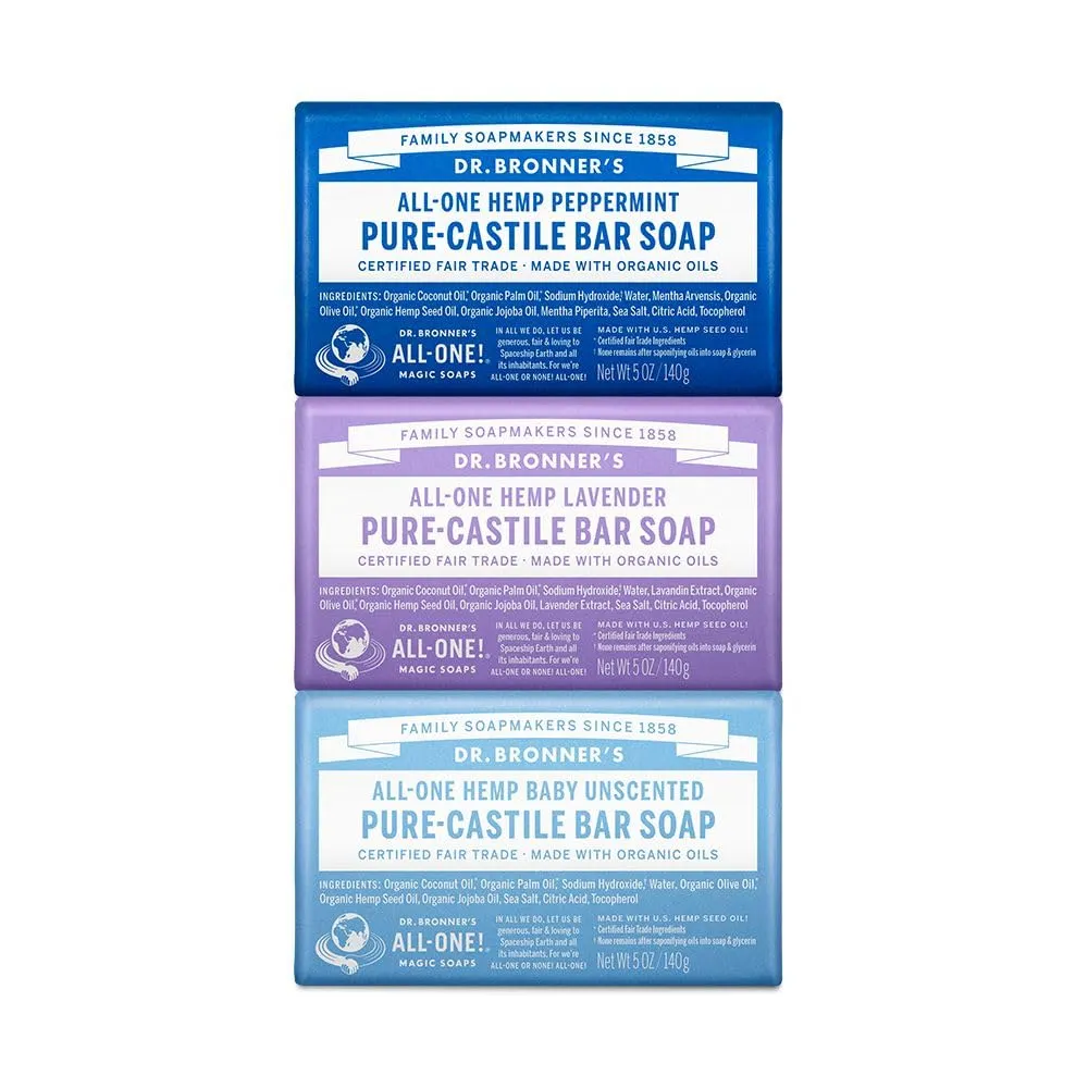 Dr. Bronner's Pure-Castile Bar Soap- Made with Regenerative Organic Oils- For Face, Body, Hair & More- Vegan, All Natural Soap Bar for Men & Women- Variety 3-Pack, Peppermint Lavender, Unscented