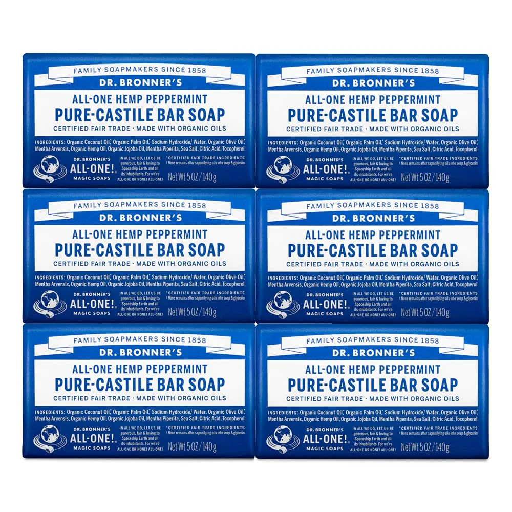 Dr. Bronner's - Pure-Castile Bar Soap (Peppermint, 5 ounce, 6-Pack) - Made with Organic Oils, For Face, Body & Hair, Gentle & Moisturizing, Biodegradable, Vegan, Cruelty-free, Non-GMO