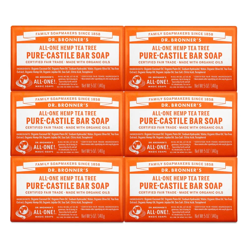Dr. Bronner's - Pure-Castile Bar Soap (Tea Tree, 5 ounce, 6-Pack) - Made with Organic Oils, For Face, Body, Hair & Dandruff, Gentle on Acne-Prone Skin, Biodegradable, Vegan, Non-GMO