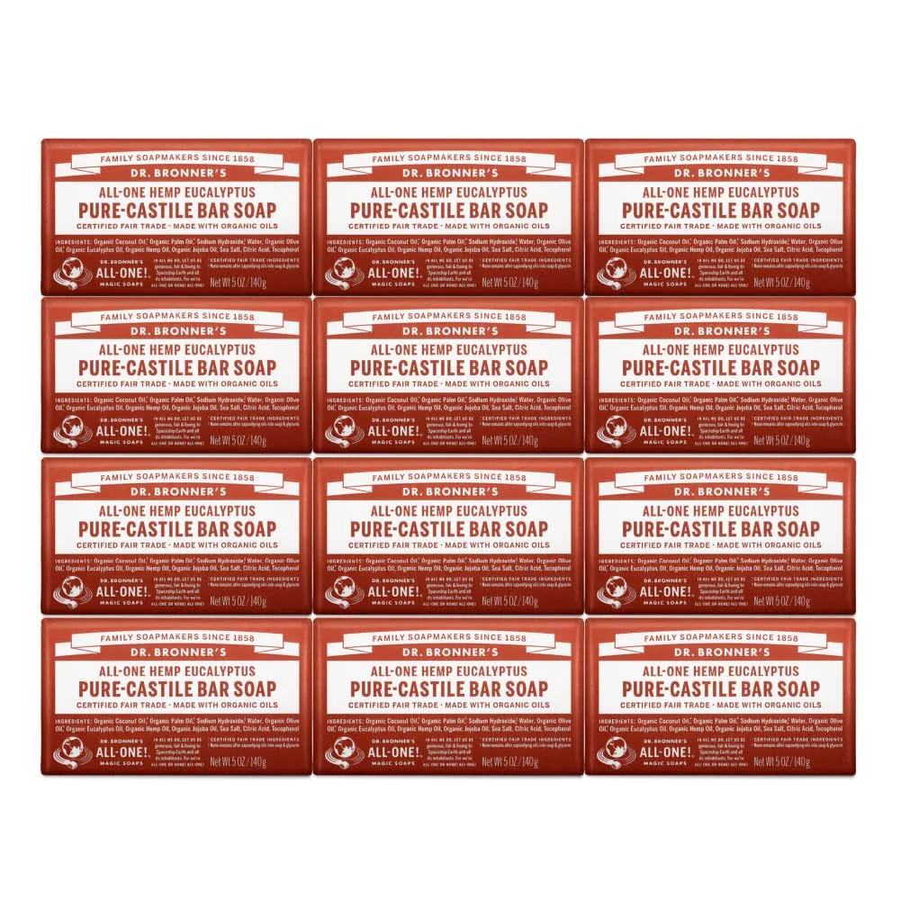 Dr. Bronner's Pure-Castile Magic Bar Soap (Eucalyptus, 5oz, 12-Pack) – Made with Organic Oils, Soap Bar for Men & Women, Gentle & Moisturizing for Face & Sensitive Skin, Vegan, Cruelty-Free, Non-GMO