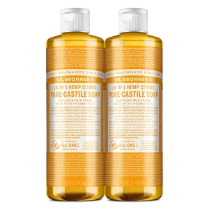 Dr. Bronner’s Pure-Castile Magic Liquid Soap (Citrus, 16 Ounce, 2-Pack)- Made with Organic Oils, 18-in1 Uses: Face, Hair, Hand & Body Soap, Laundry, Pets- Concentrated, Vegan, Non-GMO