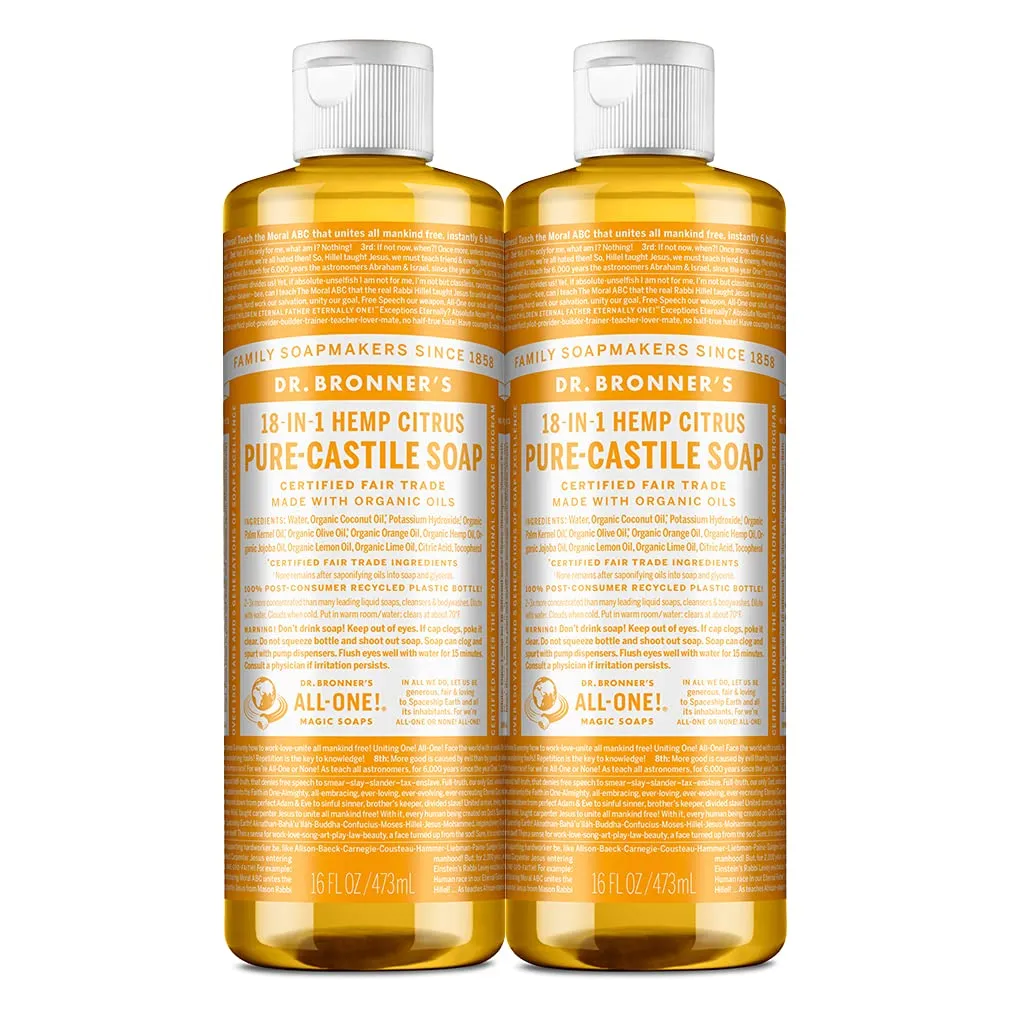 Dr. Bronner’s Pure-Castile Magic Liquid Soap (Citrus, 16 Ounce, 2-Pack)- Made with Organic Oils, 18-in1 Uses: Face, Hair, Hand & Body Soap, Laundry, Pets- Concentrated, Vegan, Non-GMO
