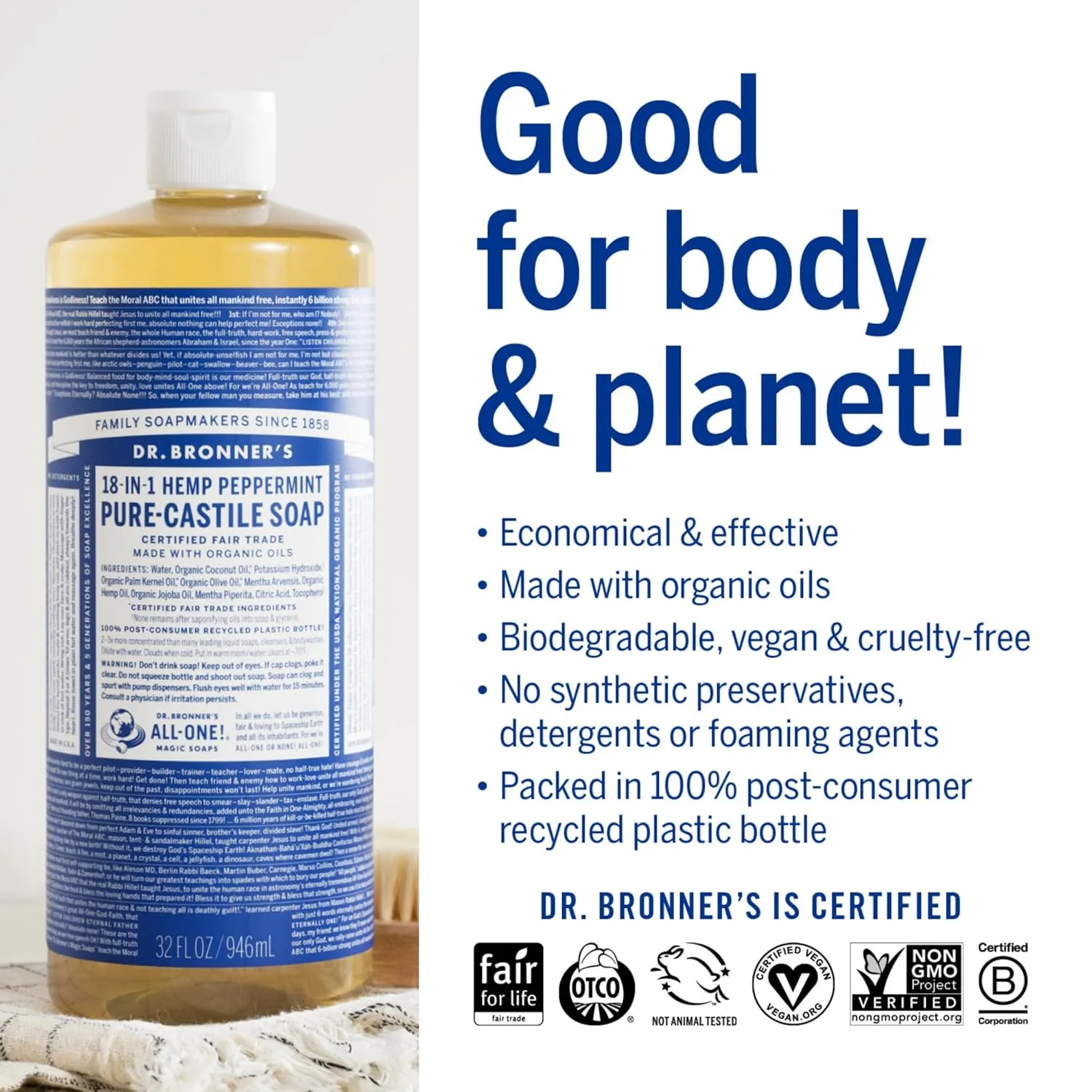 Dr. Bronner’s Pure-Castile Magic Liquid Soap Made with Organic Oils Soap Liquid for Body, Face, Hair, Dishes, Pets, Laundry Natural, Vegan, Dr Bronner's Soap - Peppermint, 32 oz (2-Pack)