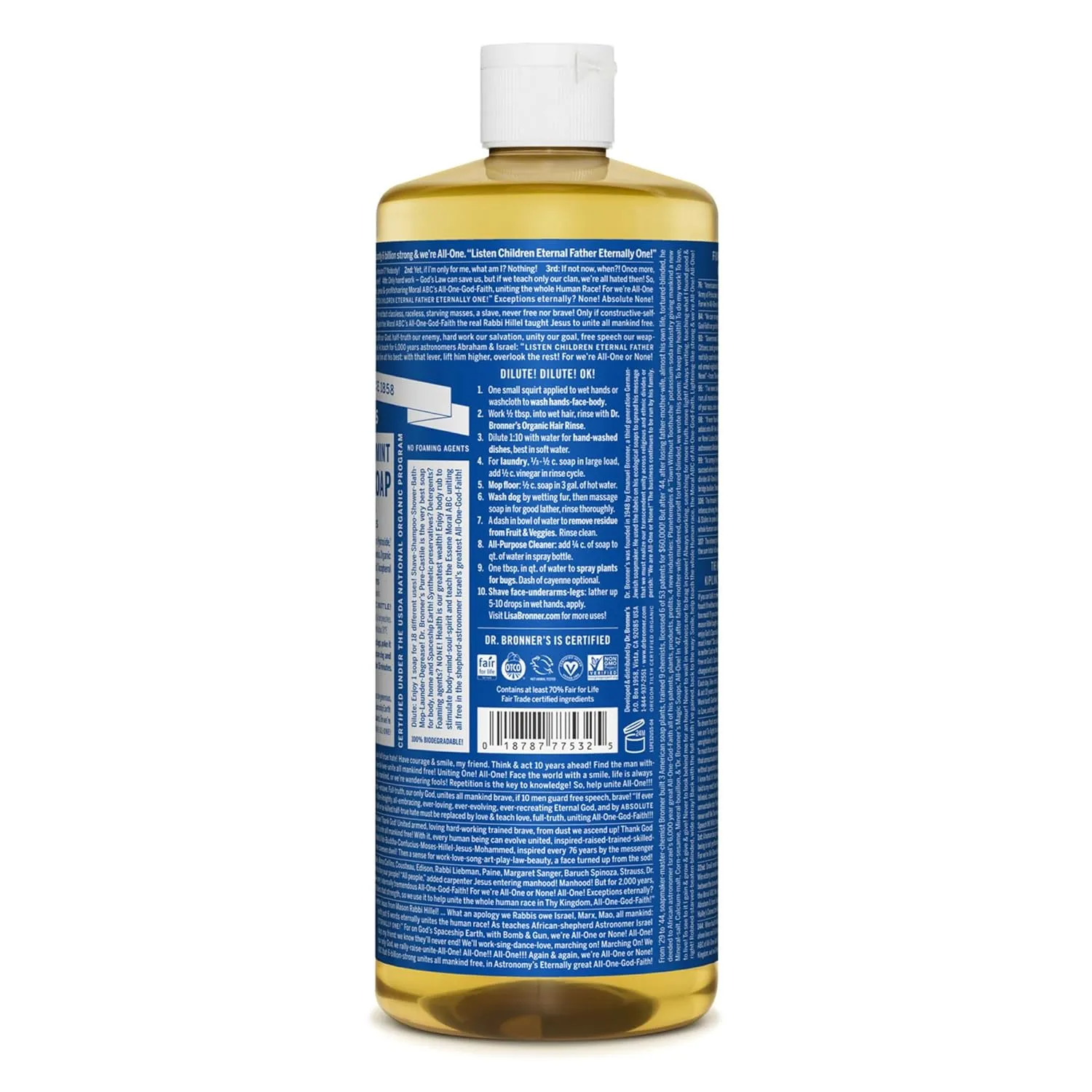 Dr. Bronner’s Pure-Castile Magic Liquid Soap Made with Organic Oils Soap Liquid for Body, Face, Hair, Dishes, Pets, Laundry Natural, Vegan, Dr Bronner's Soap - Peppermint, 32 oz (2-Pack)