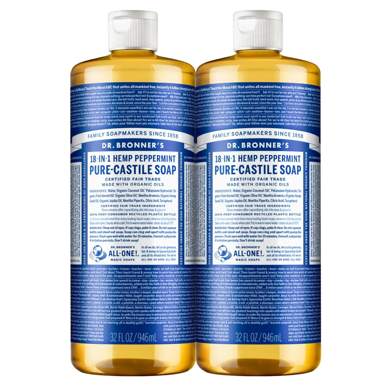 Dr. Bronner’s Pure-Castile Magic Liquid Soap Made with Organic Oils Soap Liquid for Body, Face, Hair, Dishes, Pets, Laundry Natural, Vegan, Dr Bronner's Soap - Peppermint, 32 oz (2-Pack)