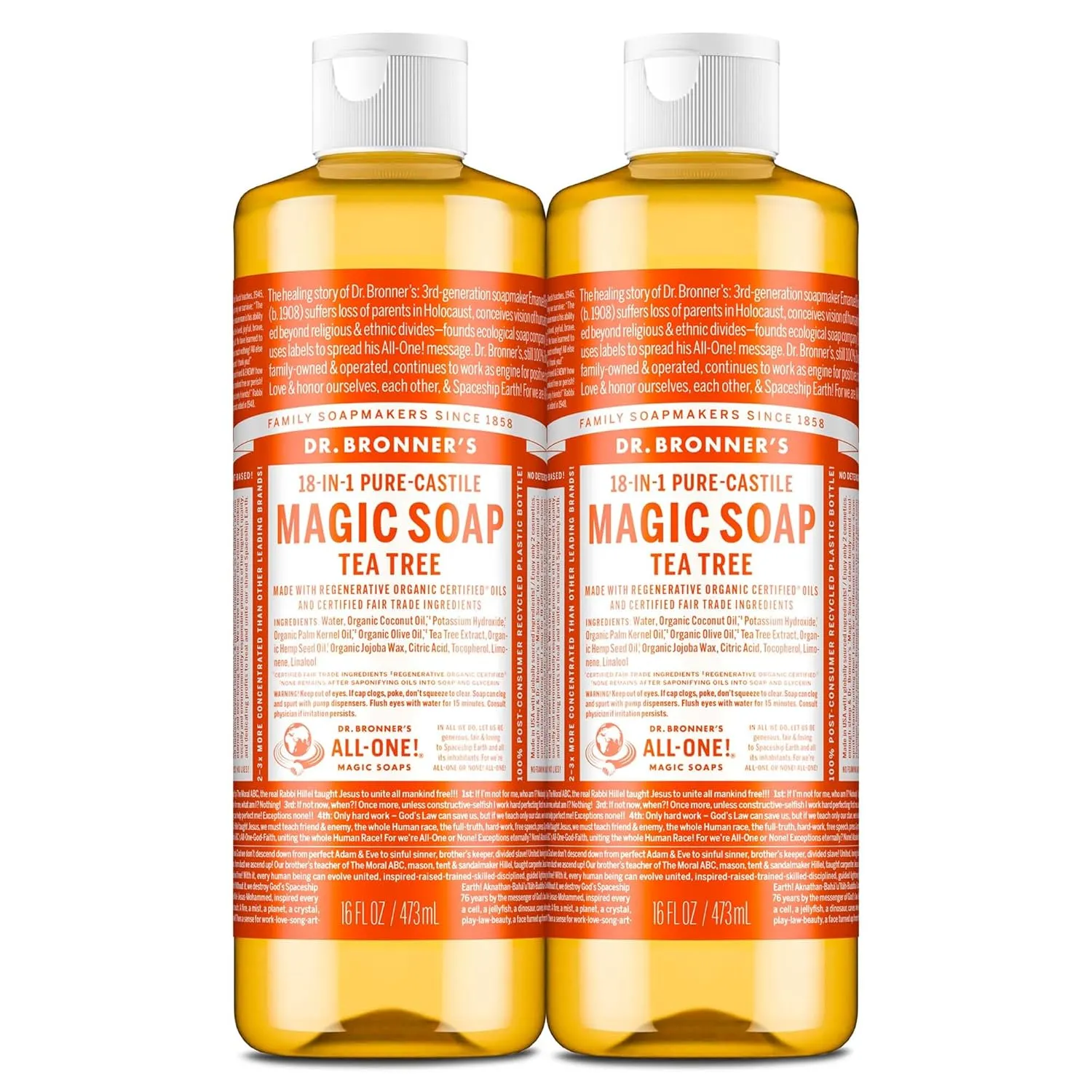 Dr. Bronner’s Pure-Castile Magic Liquid Soap (Tea Tree, 16 Ounce, 2-Pack)- Made with Organic Oils, 18-in1 Uses: Face, Hair, Hand & Body Soap, Laundry, Pets- Concentrated, Vegan, Non-GMO