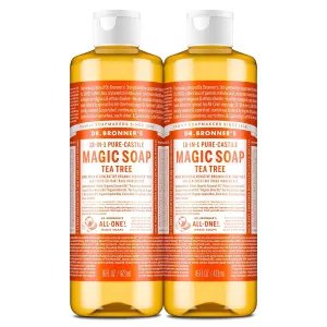 Dr. Bronner’s Pure-Castile Magic Liquid Soap (Tea Tree, 16 Ounce, 2-Pack)- Made with Organic Oils, 18-in1 Uses: Face, Hair, Hand & Body Soap, Laundry, Pets- Concentrated, Vegan, Non-GMO