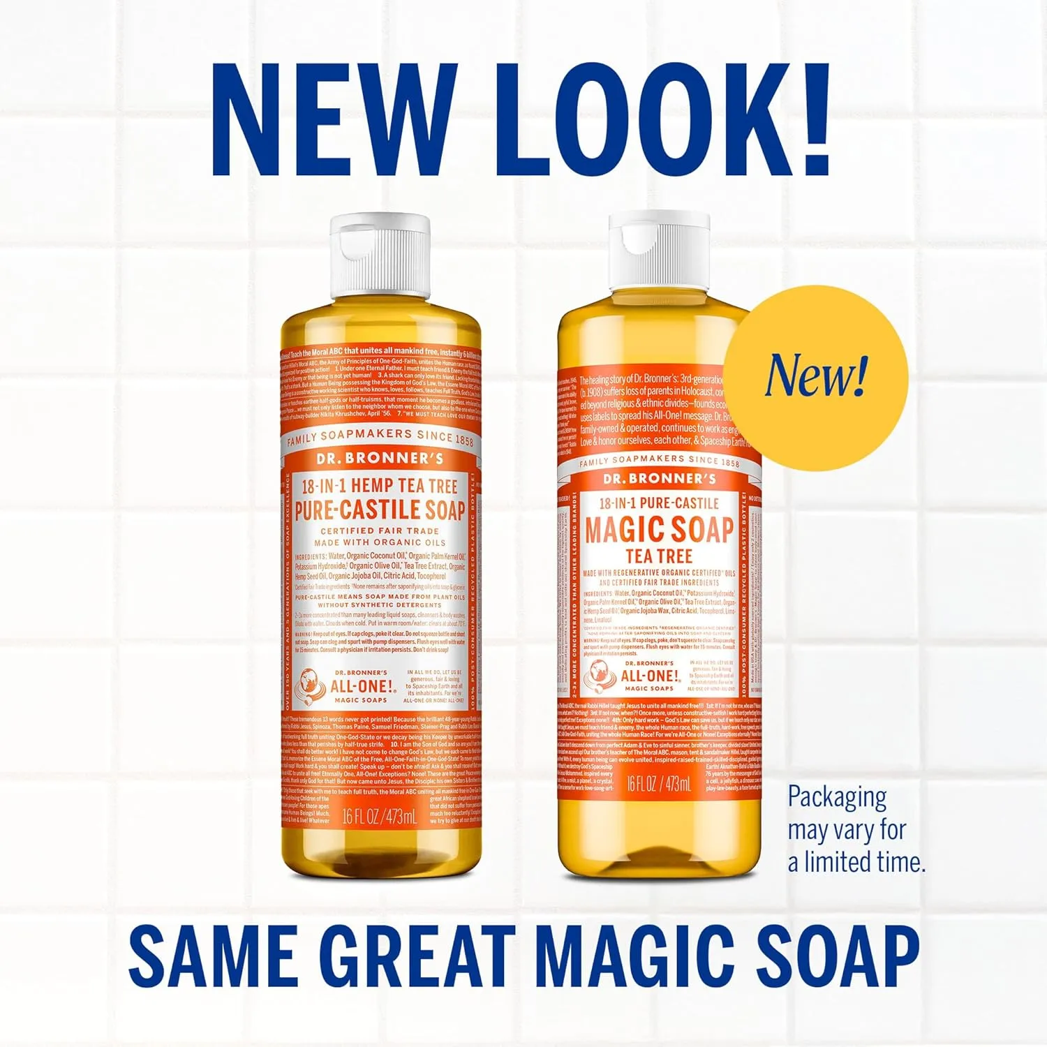 Dr. Bronner’s Pure-Castile Magic Liquid Soap (Tea Tree, 16 Ounce, 2-Pack)- Made with Organic Oils, 18-in1 Uses: Face, Hair, Hand & Body Soap, Laundry, Pets- Concentrated, Vegan, Non-GMO