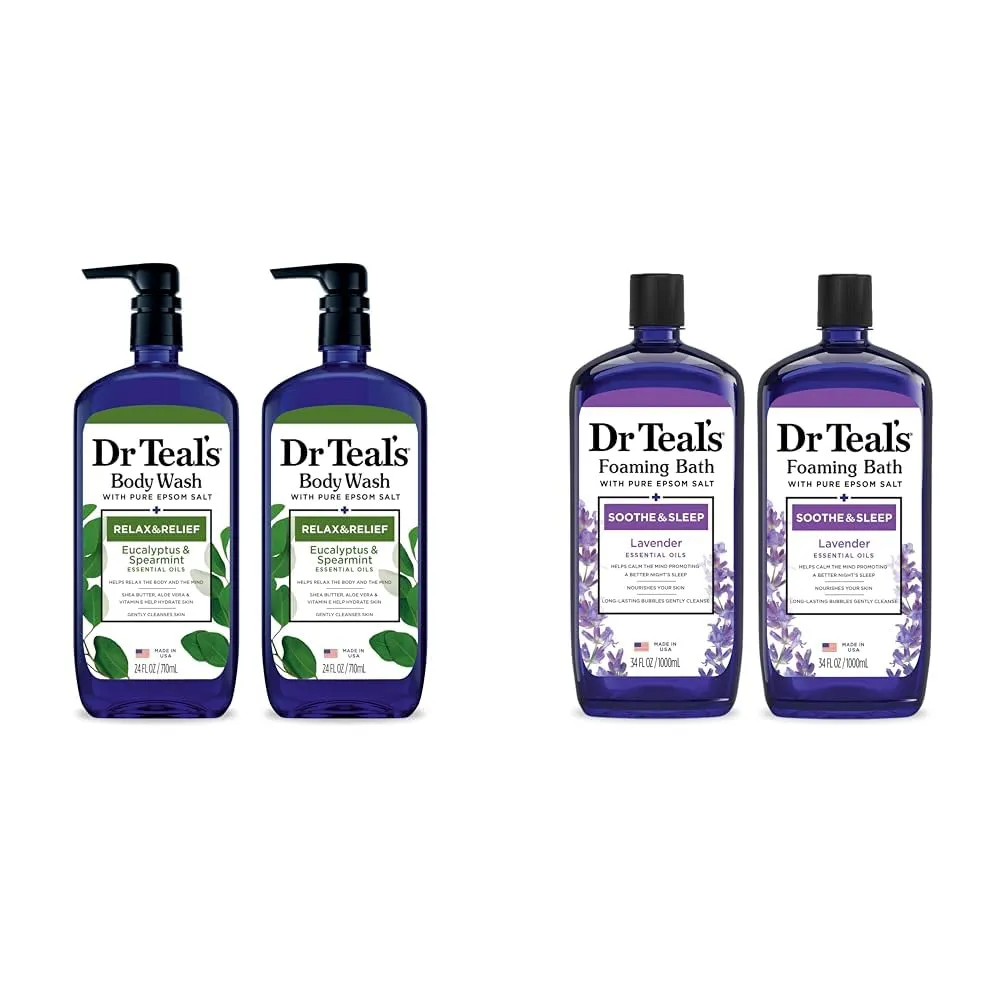 Dr Teal's Body Wash & Foaming Bath Bundle with Epsom Salt, Eucalyptus & Spearmint and Lavender Scents, 24 fl oz & 34 fl oz (2 Packs)