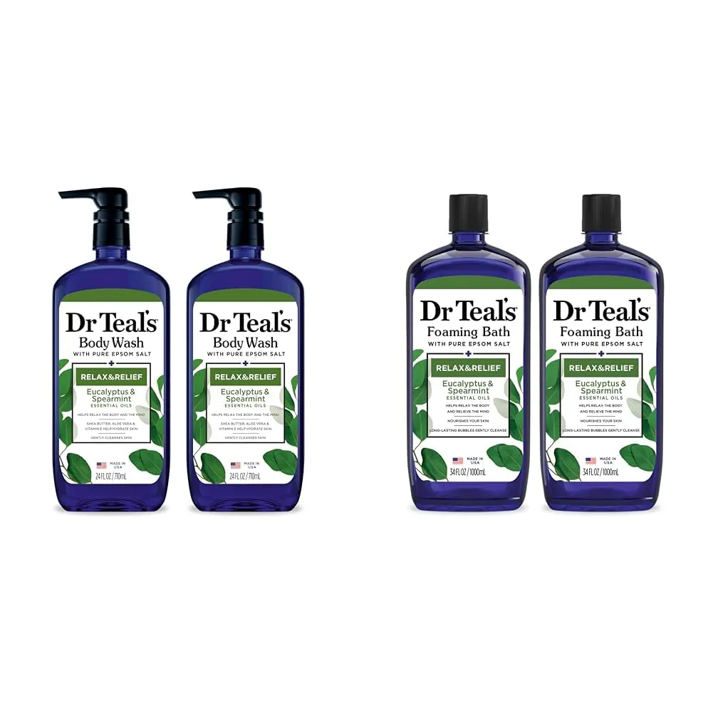 Dr Teal's Eucalyptus & Spearmint Body Wash (24 fl oz, Pack of 2) & Foaming Bath (34 fl oz, Pack of 2) Bundle