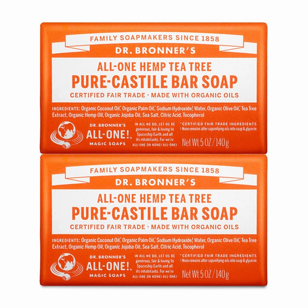 Dr. Bronner's - Pure-Castile Bar Soap (Tea Tree, 5 ounce, 2-Pack) - Made with Organic Oils, For Face, Body, Hair and Dandruff, Gentle on Acne-Prone Skin, Biodegradable, Vegan, Non-GMO