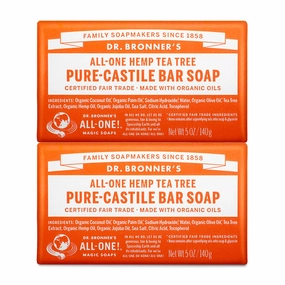 Dr. Bronner's - Pure-Castile Bar Soap (Tea Tree, 5 ounce, 2-Pack) - Made with Organic Oils, For Face, Body, Hair and Dandruff, Gentle on Acne-Prone Skin, Biodegradable, Vegan, Non-GMO