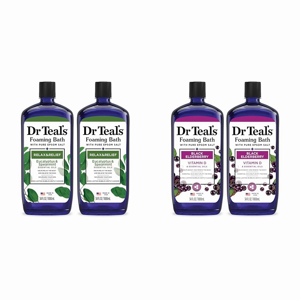 Dr Teal's Foaming Bath with Epsom Salt, Eucalyptus & Spearmint and Black Elderberry, 34 fl oz (Pack of 2)