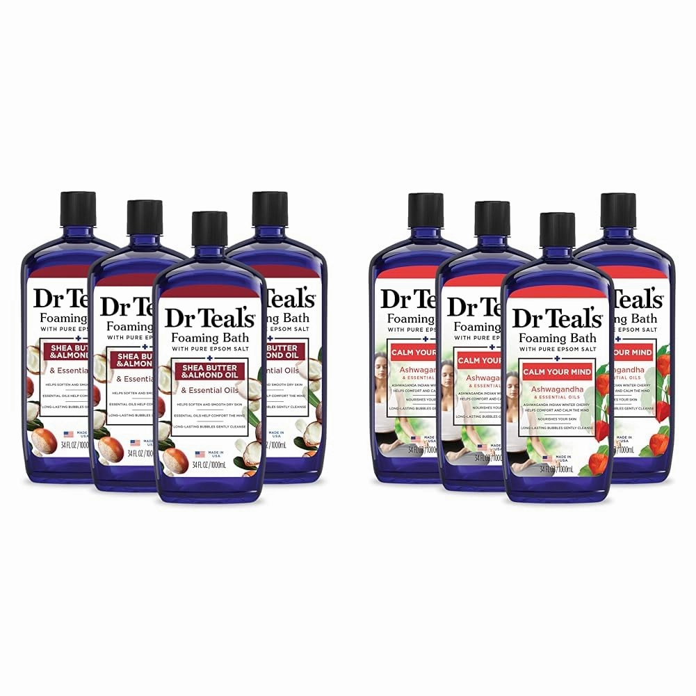 Dr Teal's Foaming Bath with Pure Epsom Salt, Shea Butter & Almond, 34 fl oz & Foaming Bath with Pure Epsom Salt, Ashwagandha, 34 fl oz