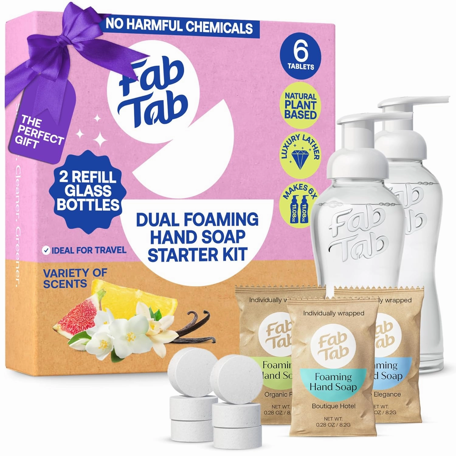 Dual Foaming Hand Soap Kit - 2 Refillable Glass Foaming Hand Soap Dispensers   6 Tablet Refills - Variety Scents - Makes 6 x 11.9 Fl oz Bottles (71 Fl oz Total)