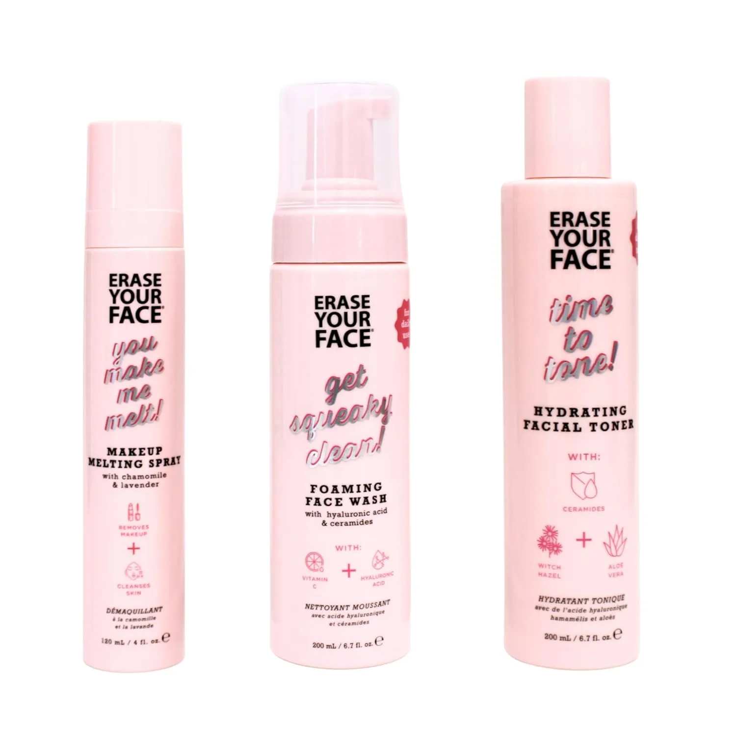 ERASE YOUR FACE Cleanse & Tone Bundle - Face & Eye Makeup Remover to Melt Makeup - Gentle Face Wash to Rejuvenate & Nourish - Face Toner Enriched with Aloe Vera - Good for Sensitive Skin (3 Count)