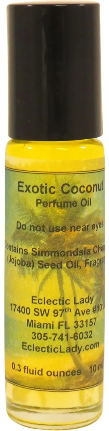 Exotic Coconut Perfume Oil, 0.3 Oz Portable Roll-On Fragrance with Long-Lasting Scent, Delightful Essential Oils and Jojoba Oil For Daily Use