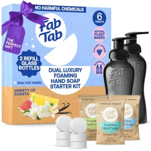 FabTab Dual Foaming Hand Soap Kit - 6x Plant-based Hand Wash Tablets -Convenient & Easy To Use 2x Refillable Glass Bottles - Variety Fragrances - (6x11.9 Fl Oz Bottles Of Soap)