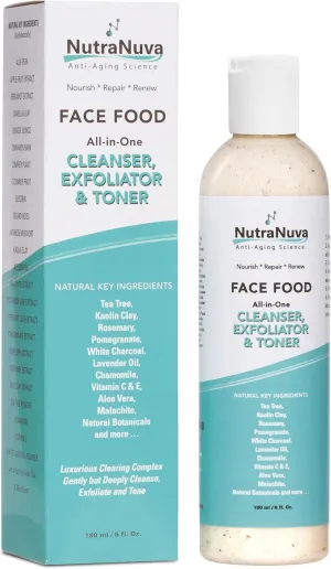 Face Food – Cleanser, Exfoliator & Toner All-in-One – Clear Skin Natural Vegan Facial Wash, Tea Tree & Clay, Gentle Clean Anti Aging, Not Drying/Oily, Restore pH, Fight Acne, 6 Oz