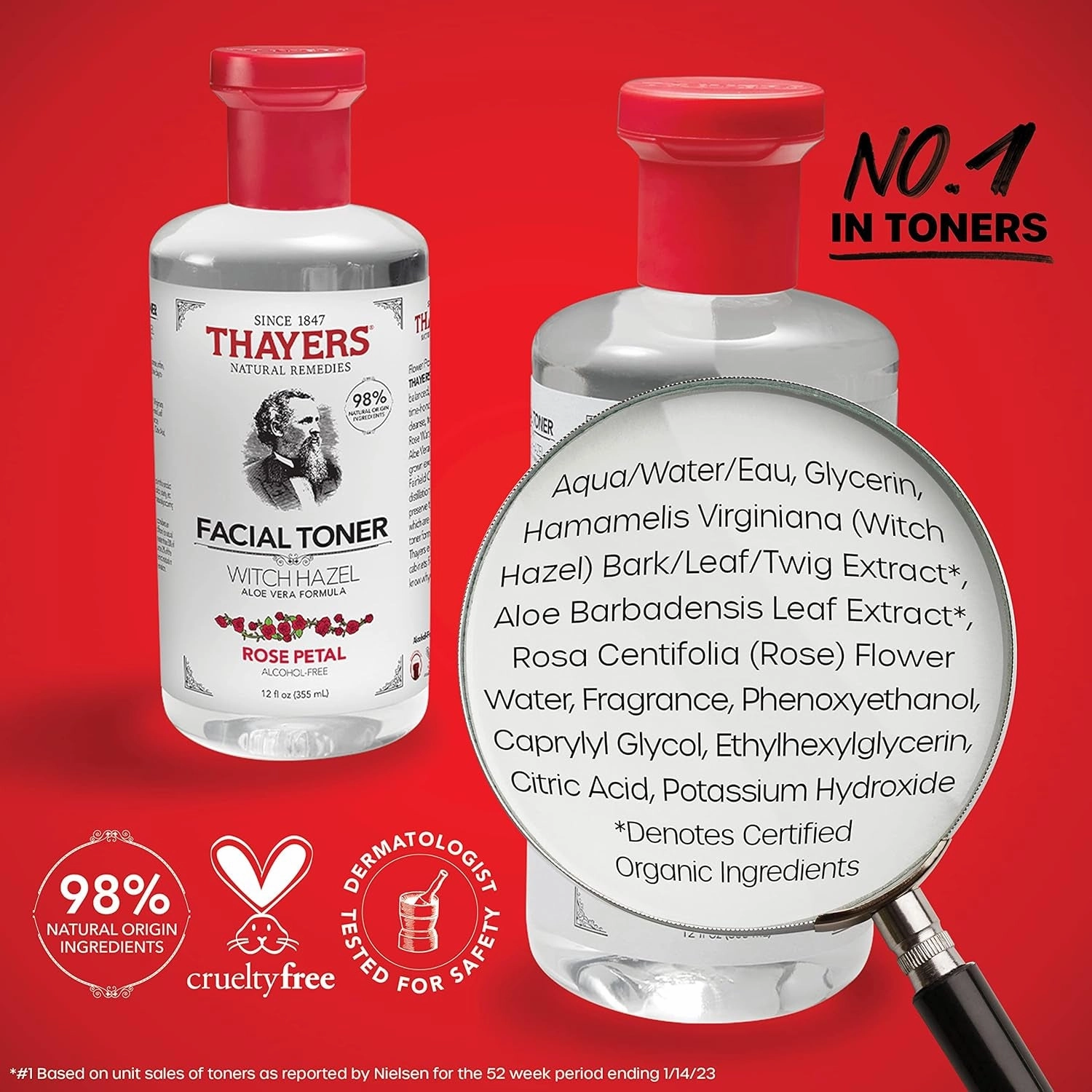 Facial Toner, Witch Hazel with Aloe Vera, Rose Petal, 12 Fl Oz
